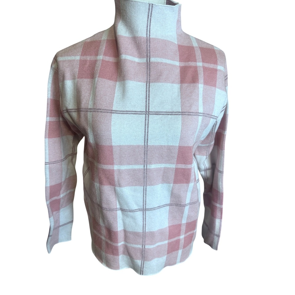 Tahari Pink White Plaid Mock Neck Sweater Womens Small Academia Knit Top